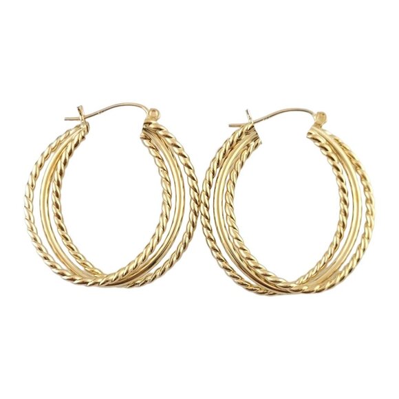 Vintage 14K Yellow Gold Triple Textured Hoop Earrings #14960